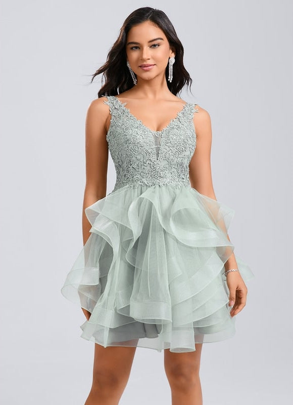 Robe De Princesse Cocktail Volants Vert Deau - gallery 6