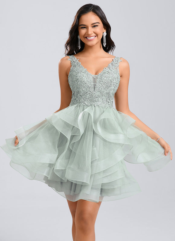 Robe De Princesse Cocktail Volants Vert Deau - gallery 2