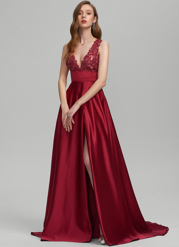 Robe De Princesse Satin Bordeaux Élégante - gallery 2