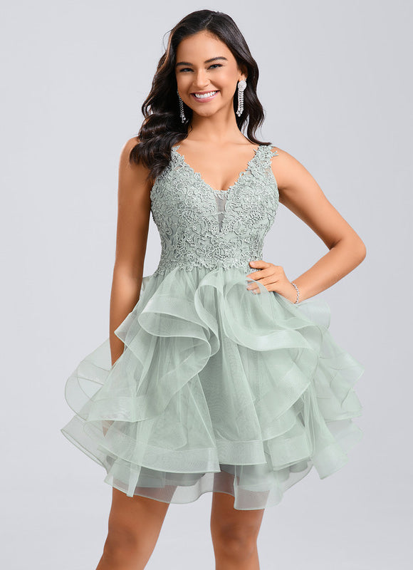 Robe De Princesse Cocktail Volants Vert Deau