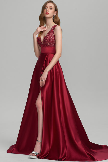 Robe De Princesse Satin Bordeaux Élégante