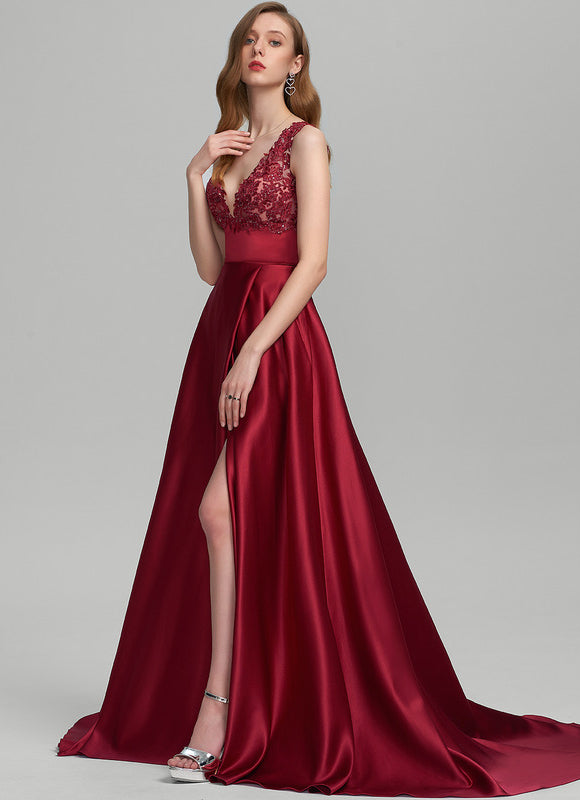 Robe De Princesse Satin Bordeaux Élégante