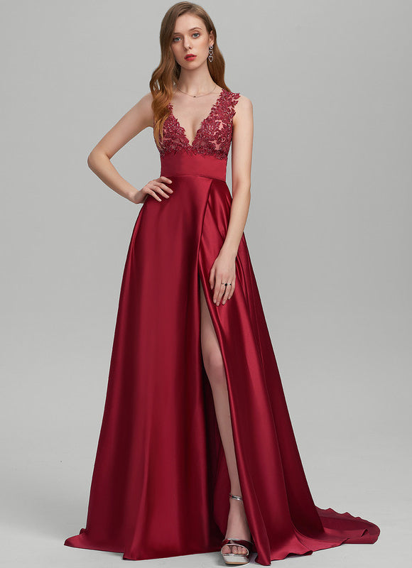 Robe De Princesse Satin Bordeaux Élégante - gallery 3
