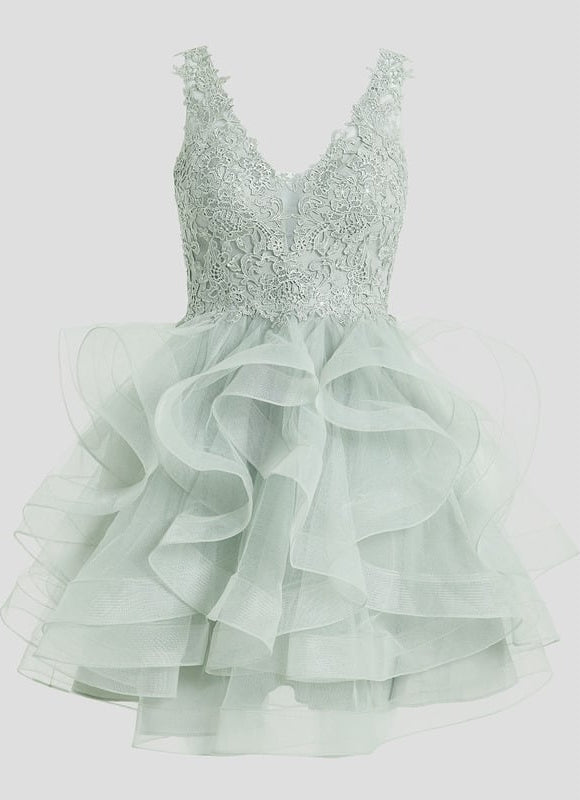 Robe De Princesse Cocktail Volants Vert Deau - gallery 8