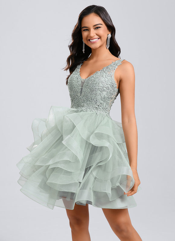 Robe De Princesse Cocktail Volants Vert Deau - gallery 3
