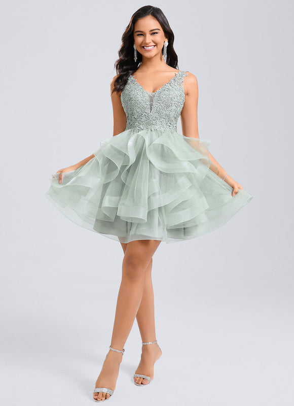 Robe De Princesse Cocktail Volants Vert Deau - gallery 5