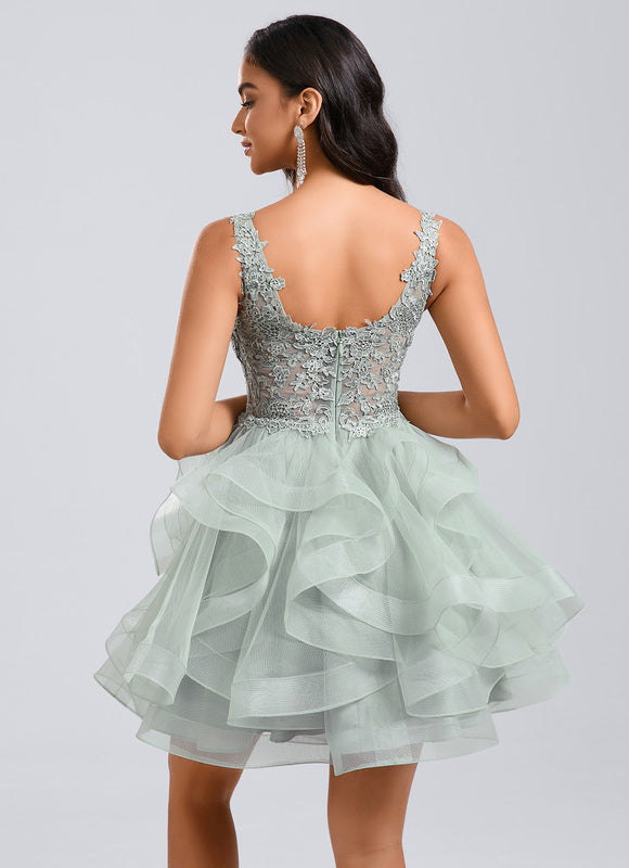 Robe De Princesse Cocktail Volants Vert Deau - gallery 1
